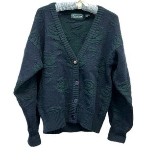 Carroll Reed Women’s 100% Shetland Wool Rose Pattern Button V-Neck Sweater Sz L